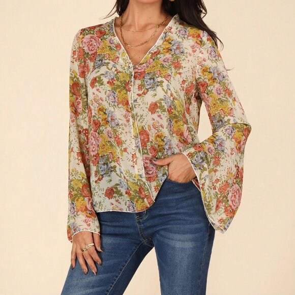 Tops - Apricot Boho Women's Floral Print Trumpet Sleeve Blouse